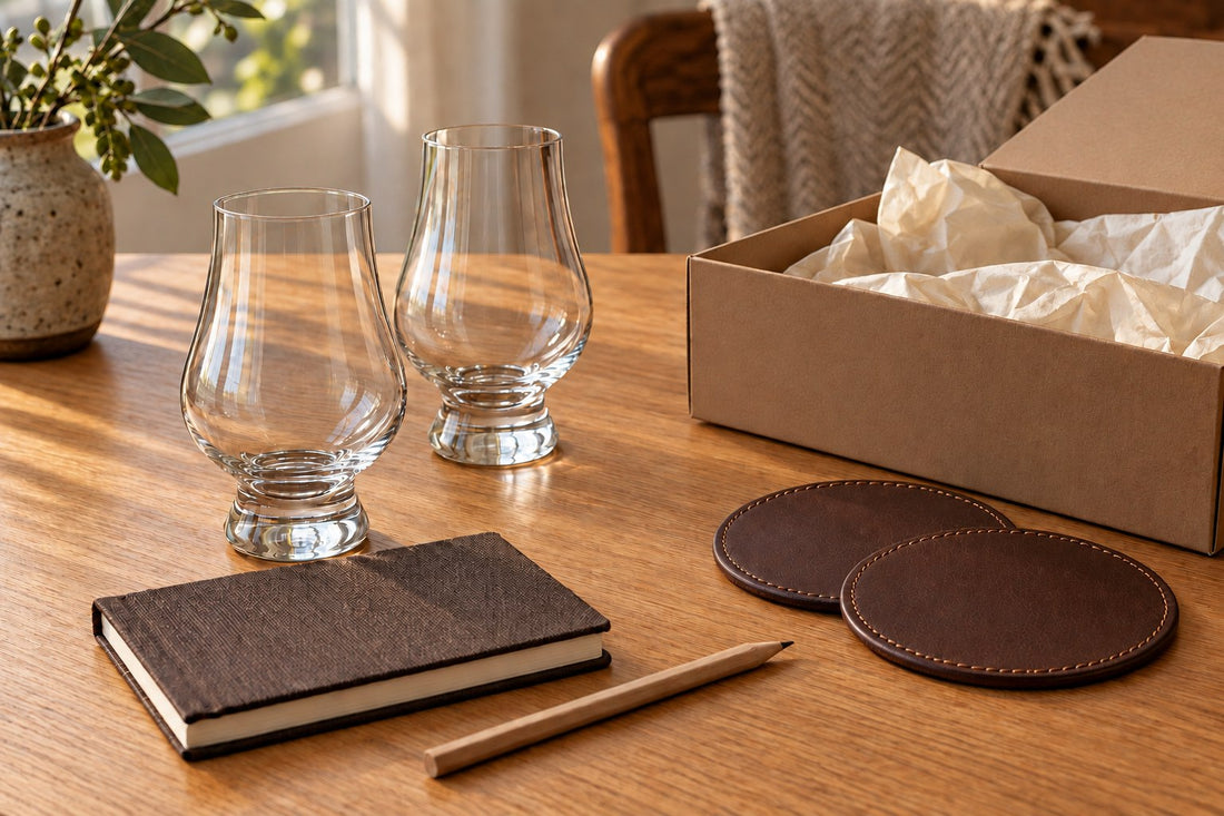 Whiskey tasting glasses, a notebook and leather coasters beside a gift box