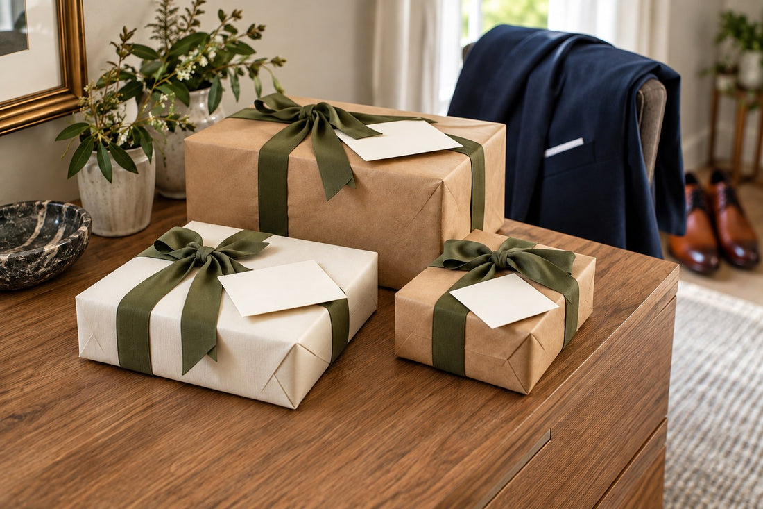 Three wrapped gifts with cards beside a navy wedding suit