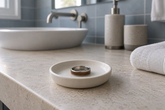 A wood-inlay ring in a ceramic dish on a dry stone bathroom counter