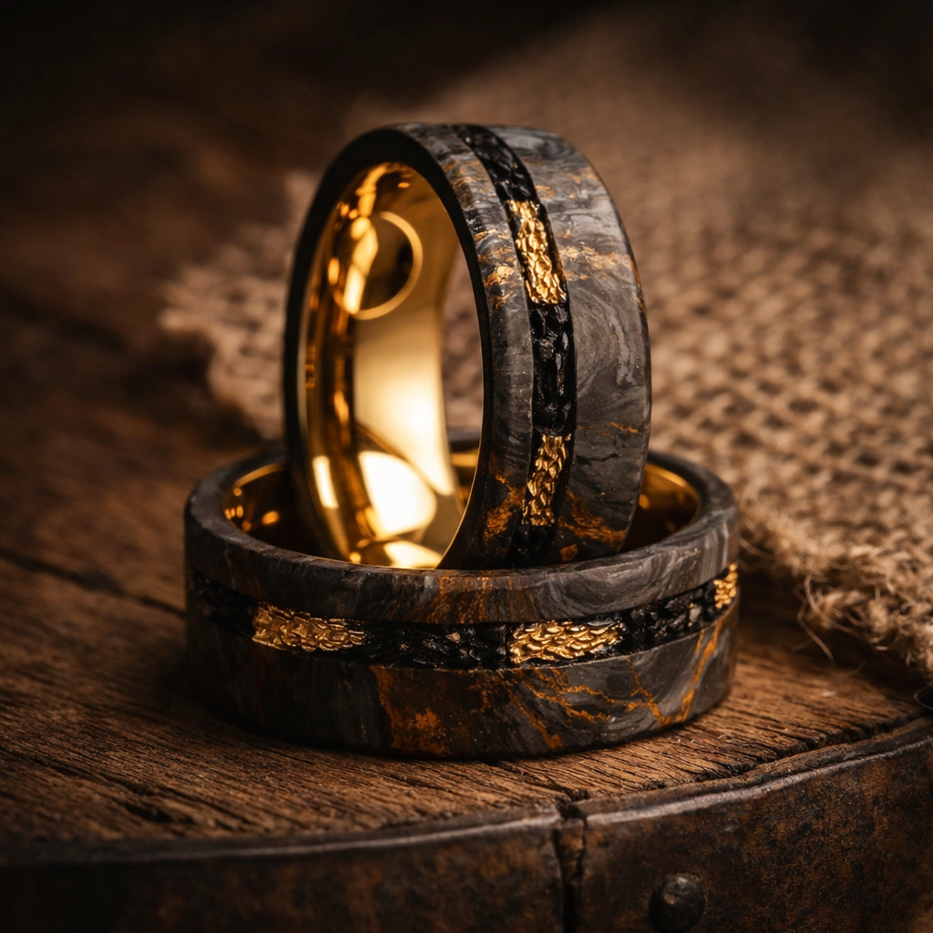 black carbon fiber gold meteorite ring 8mm The Voidfire