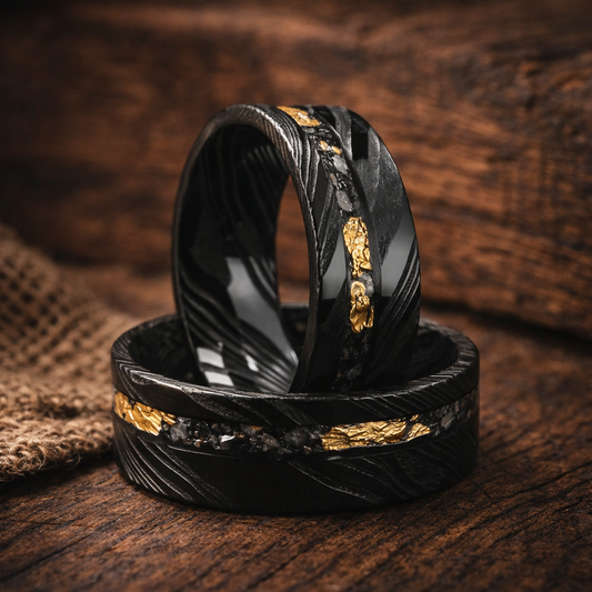 black damascus steel gold meteorite ring 8mm The Golden Abyss