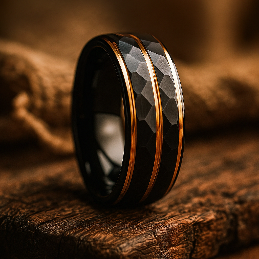 black faceted tungsten gold inlay ring 8mm The Aurelius