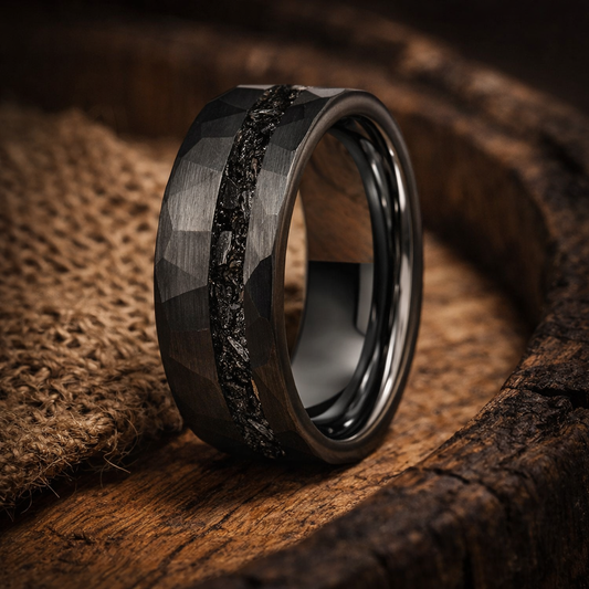 black faceted tungsten meteorite ring 8mm The Obsidian Relic