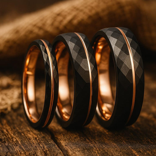 black faceted tungsten rose gold inlay ring 8mm The Midnight Sovereign
