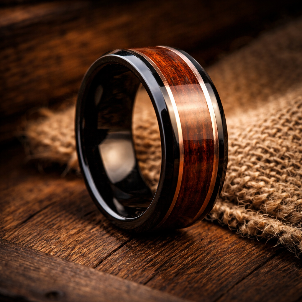 black tungsten barrel wood gold inlay ring 8mm The Timberforge
