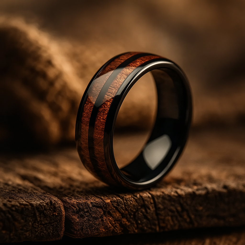 black tungsten barrel wood ring 8mm The Old Barrel