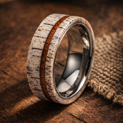 black tungsten deer antler wood inlay ring 8mm The Iron Stag