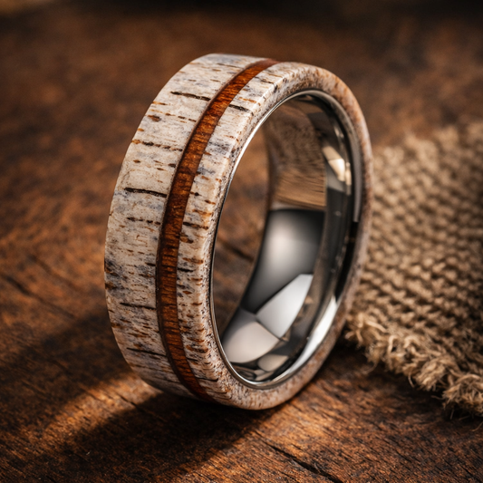 black tungsten deer antler wood inlay ring 8mm The Iron Stag