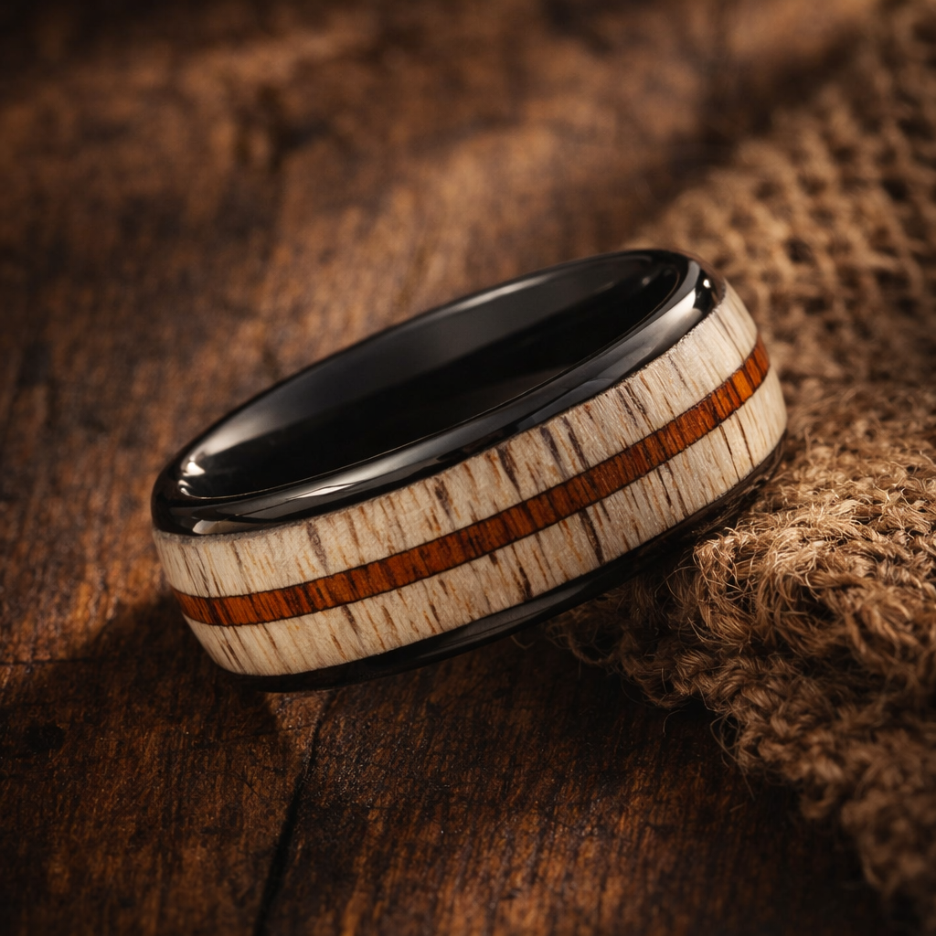 black tungsten deer antler wood inlay ring 8mm The Wild Stag