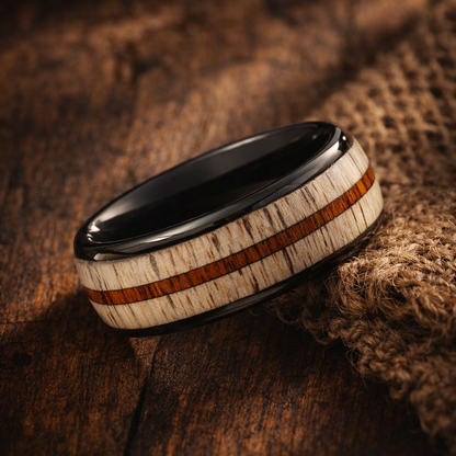 black tungsten deer antler wood inlay ring 8mm The Wild Stag