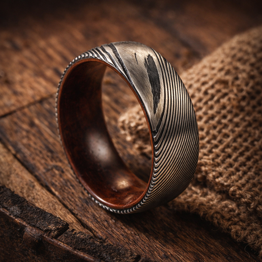 damascus steel wood inner ring 8mm The Forged Grove