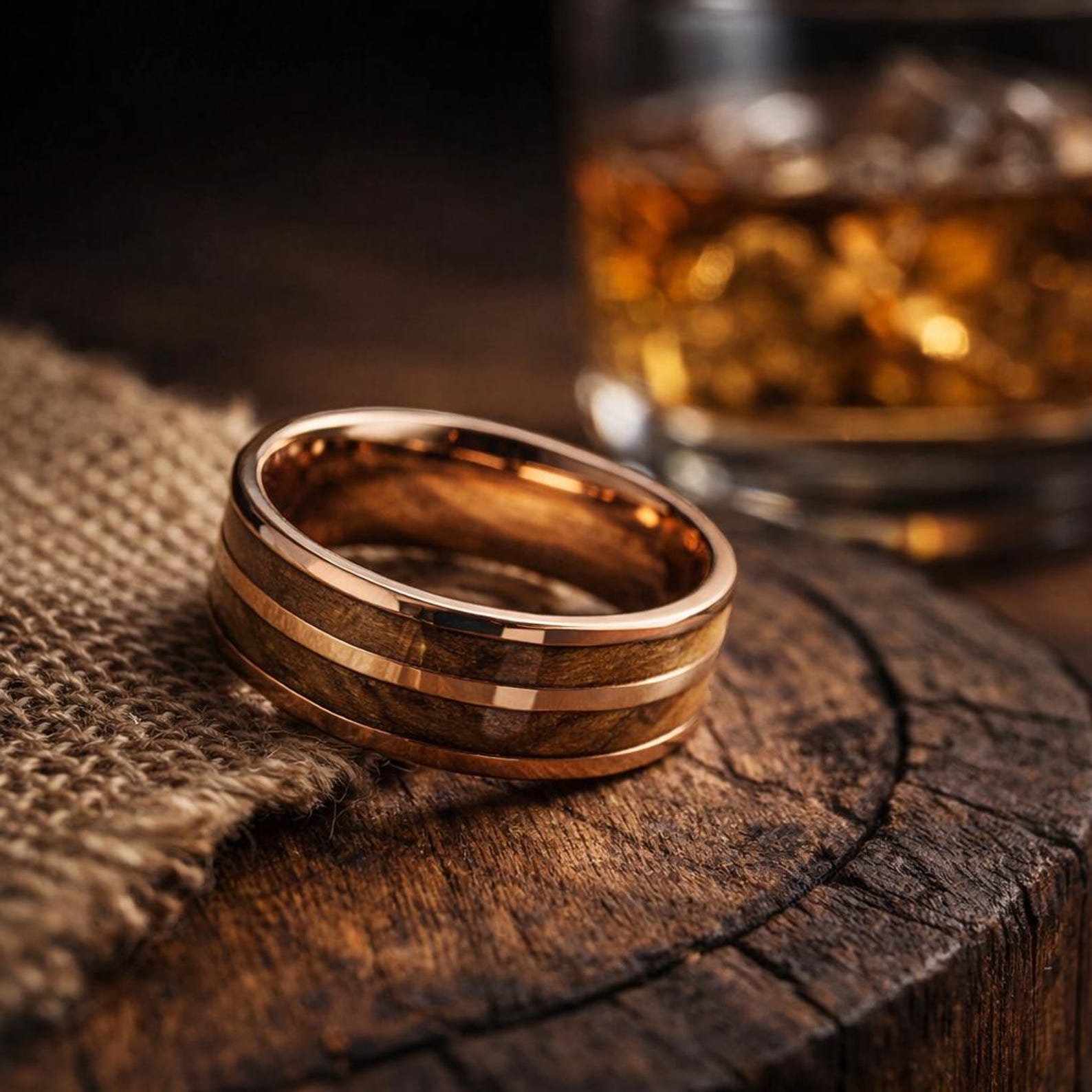 rose gold tungsten barrel wood ring 8mm The Barrel Crown