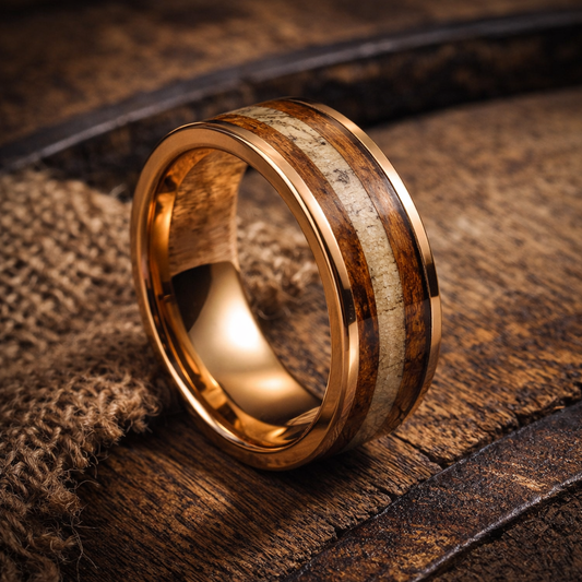 rose gold tungsten deer antler wood inlay ring 8mm The Wild Antler