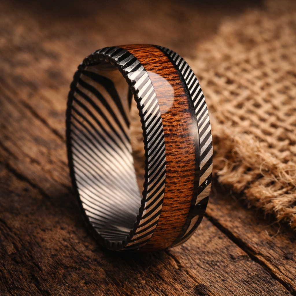 silver damascus steel wood inlay ring 8mm The Woodland Forge