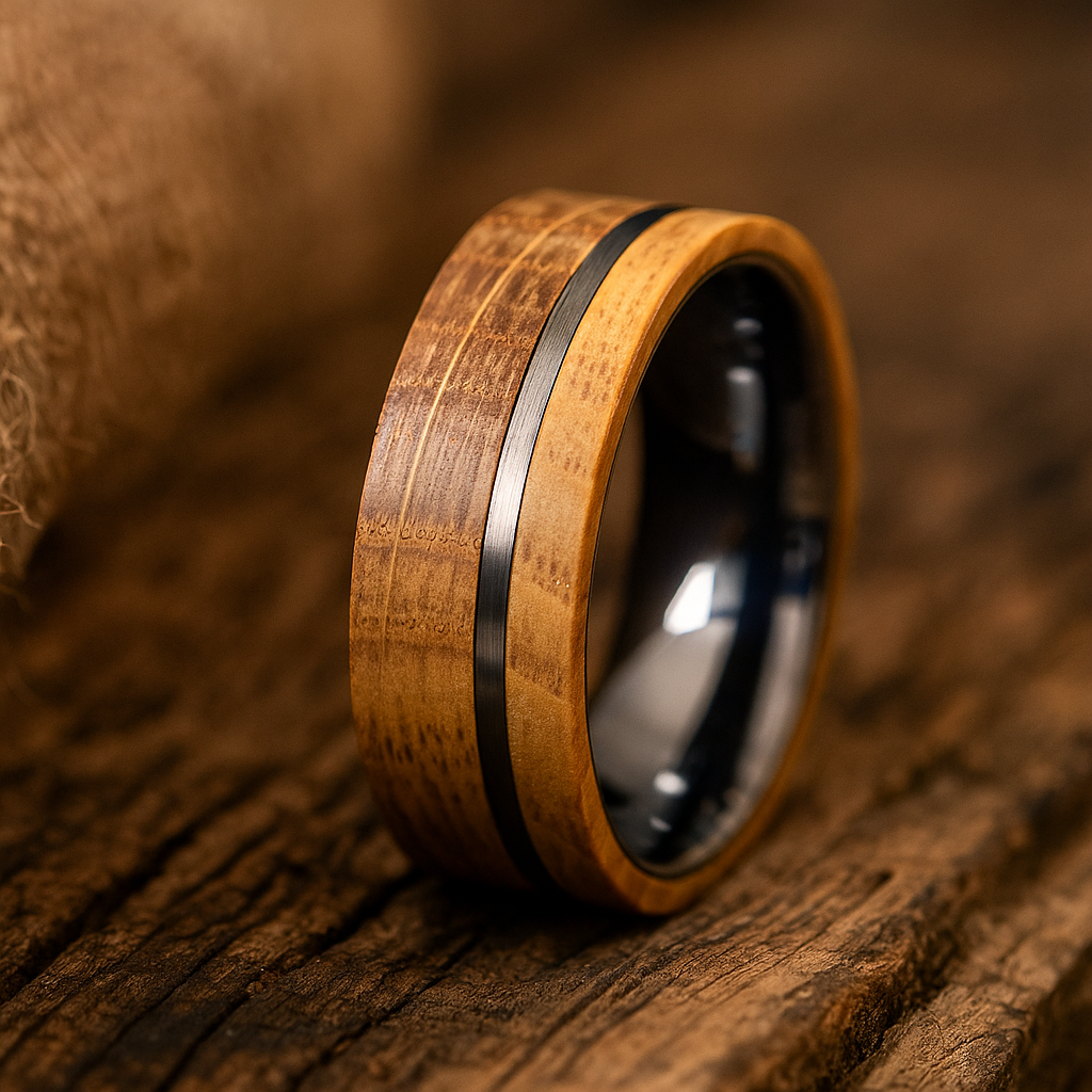 silver tungsten barrel wood ring 8mm The Forged Core